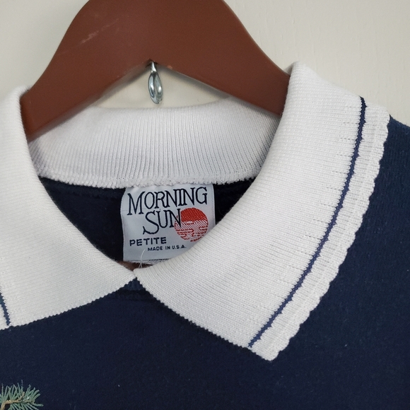 Vintage Morning Sun Collared Sweatshirt Women's LP Blue Cats And Birds - Picture 6 of 11